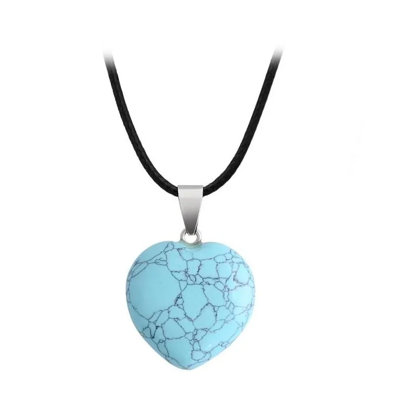 natural stone gemstone pendant necklace with pu leather chain heart shape crystal quartz turquoise charm necklace jewelry for women men