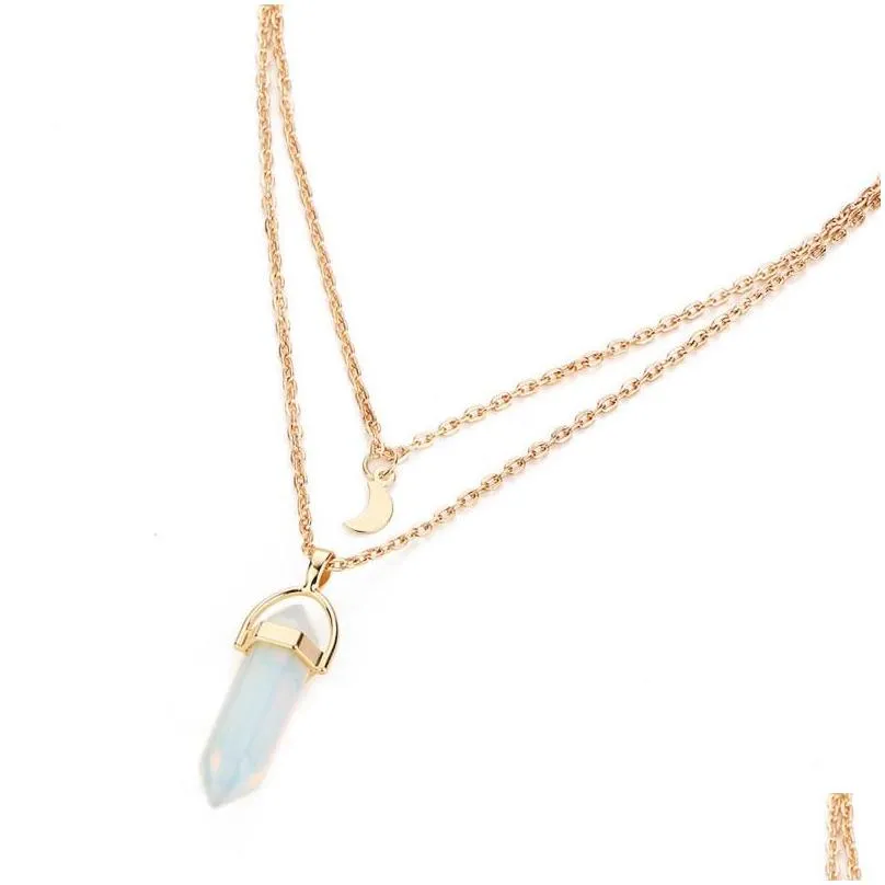 Pendant Necklaces Hexagonal Chakras Stone Pendants Crystal Shape Gemstone Pendant Necklaces Pointed Quartz Double Layer Chain Necklace Dhljb