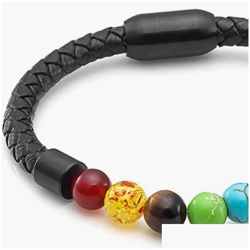 Chain Healing Ncing Genuine Leather Chain Bracelets With Magnetic Clasp 7 Chakra Natural Stone Bracelet Yoga Diffuser Cuff Drop Delive Dh9Cm