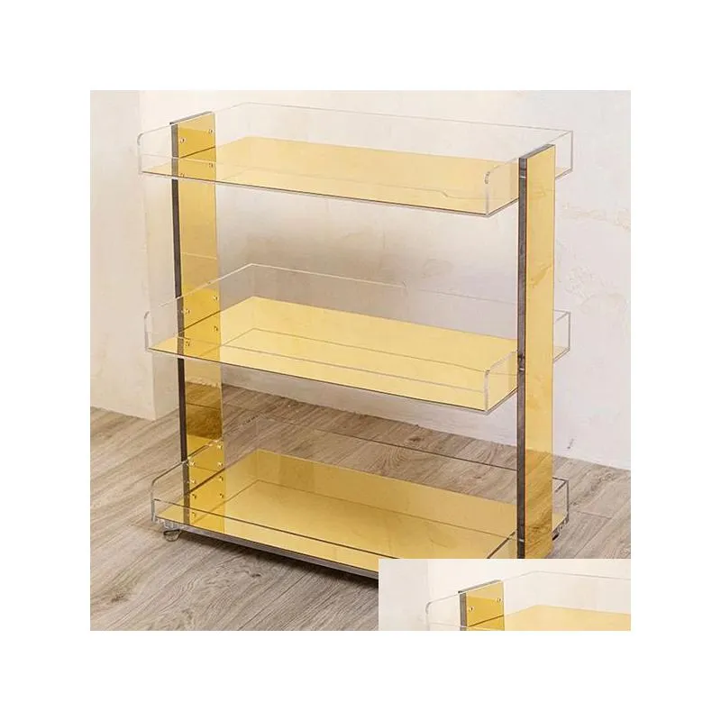 Acrylic golden mirror 3 Tier Rolling Cart Acrylic Furniture Modern Design Side Table Clear Table with Wheels Rolling Storage Cart Acrylic Nightstand (28