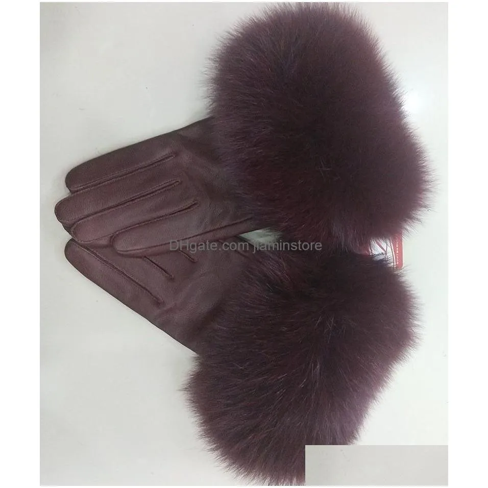 Fingerless Gloves Fingerless Gloves Female Luxury Real Leather With Fur Cuff Women Warm Winter Genuine Ladies Casual Hand Warmer 23080 Dhxu1