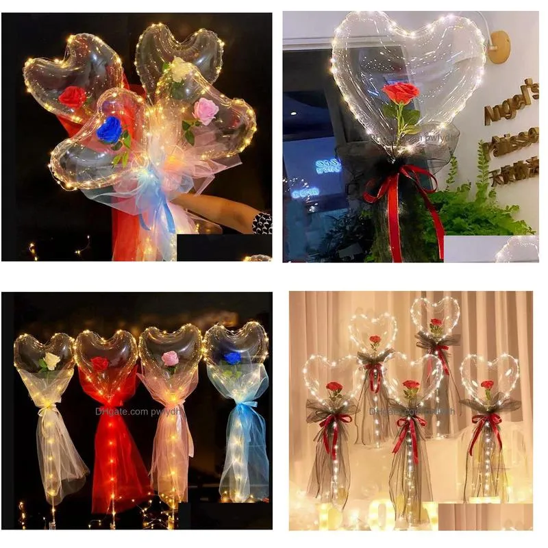 party decoration led bobo balloon flashing light heart shaped rose flower ball transparent wedding valentines day gift