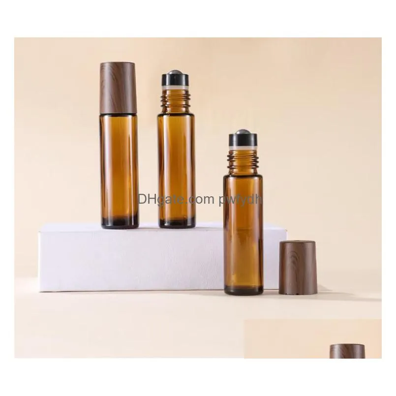 wholesale 5ml 10ml 15ml amber glass roll-on bottles wood grain plastic cap frosted  oil perfume bottle with stainless steel roller ball