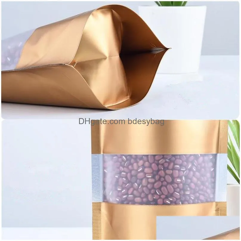9 size golden stand up aluminium foil bag with clear window plastic pouch zipper reclosable food storage packaging bag lx2687