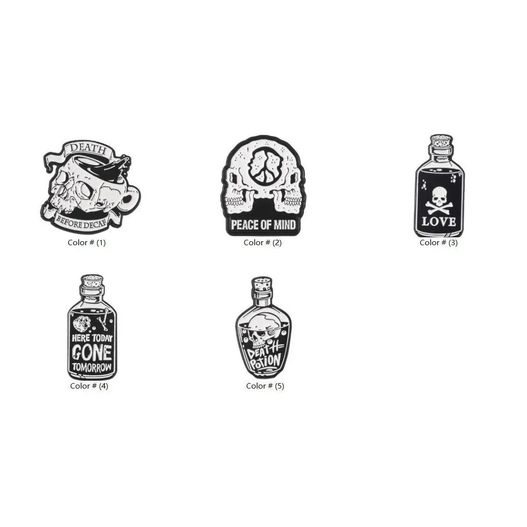punk skeleton enamel pins custom black white skull potions brooches lapel badges cool gothic jewelry gift for friends