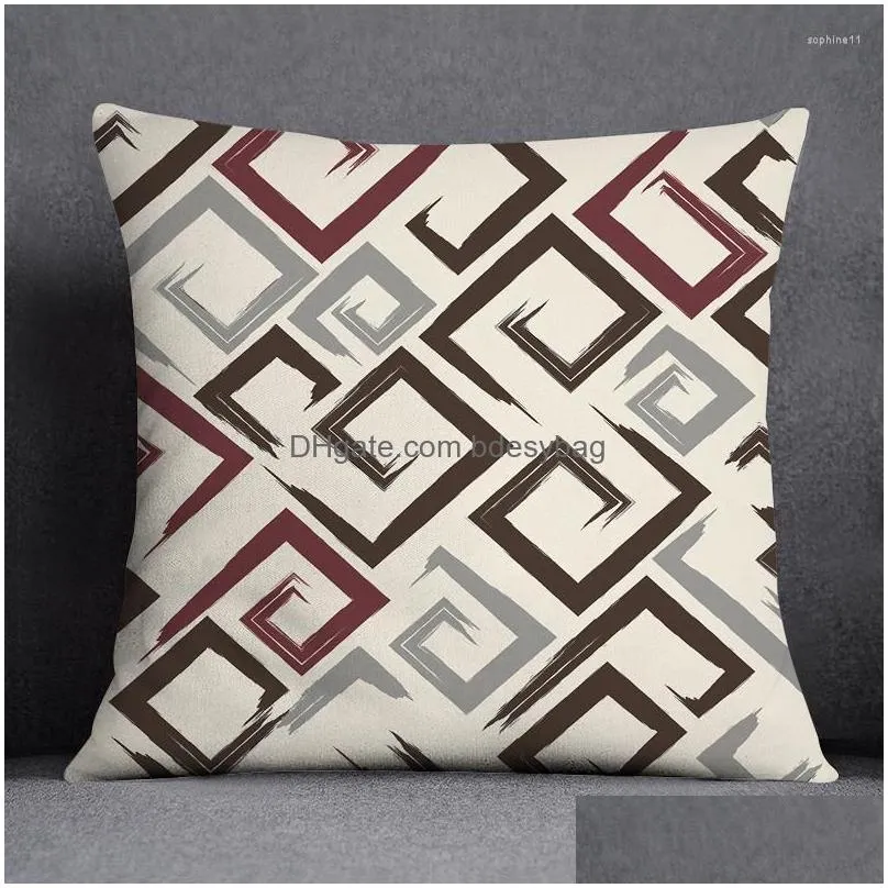 Cushion/Decorative Pillow Pillow Dark Red Color Geometric Pattern Square Pillowcase Living Room Decorative Ers Home Office Sofa Er 45X Dhwl4