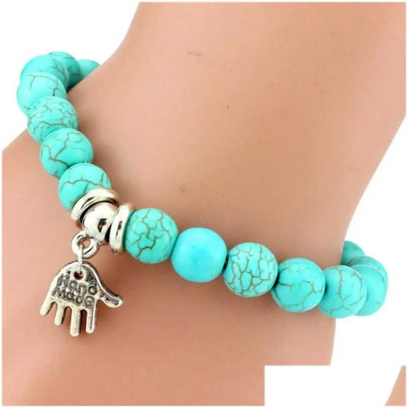 Beaded Turquoise Beaded Strand Bracelet Animal Charm Stretch 7Mm Round Beads Jewelry Drop Delivery Jewelry Bracelets Dhw41