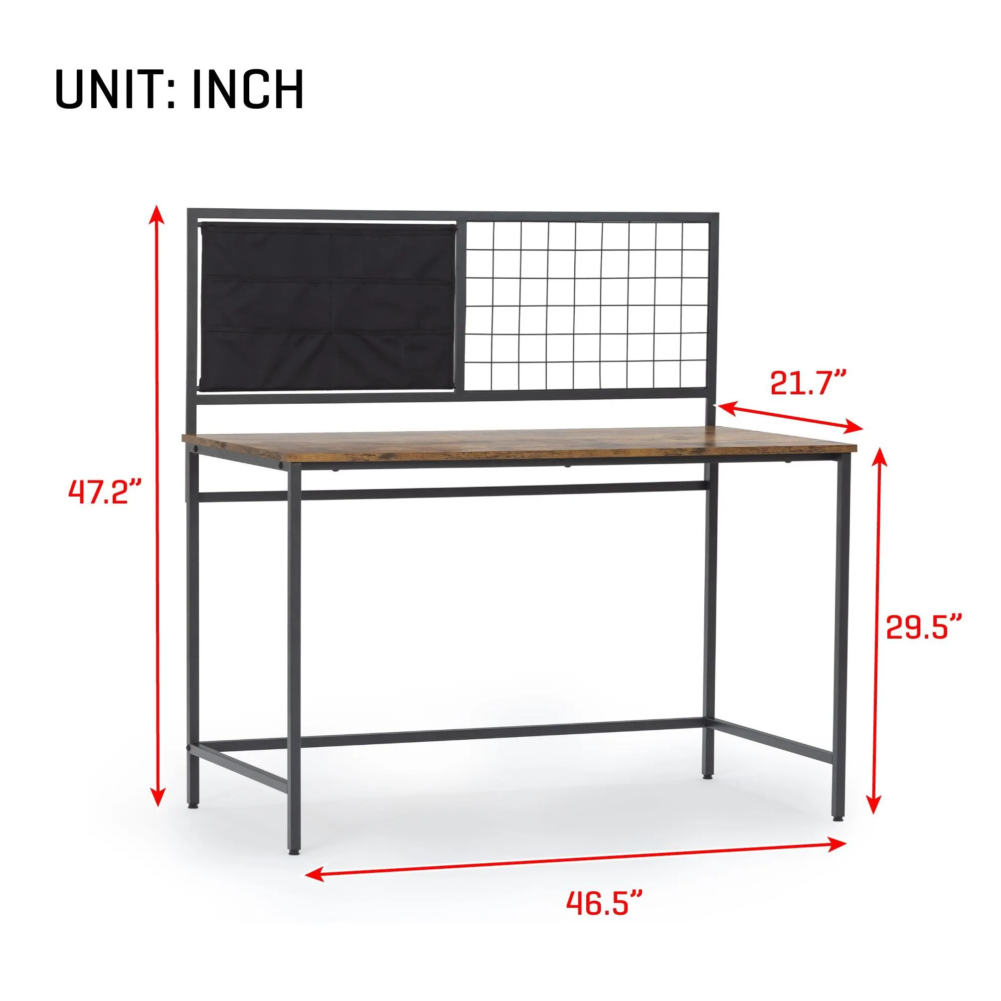 Computer Desk Furniture with Mesh 46.5 inch Study Writing Table for Home Office, Modern Simple Style, Black Metal Frame, Rustic Brown