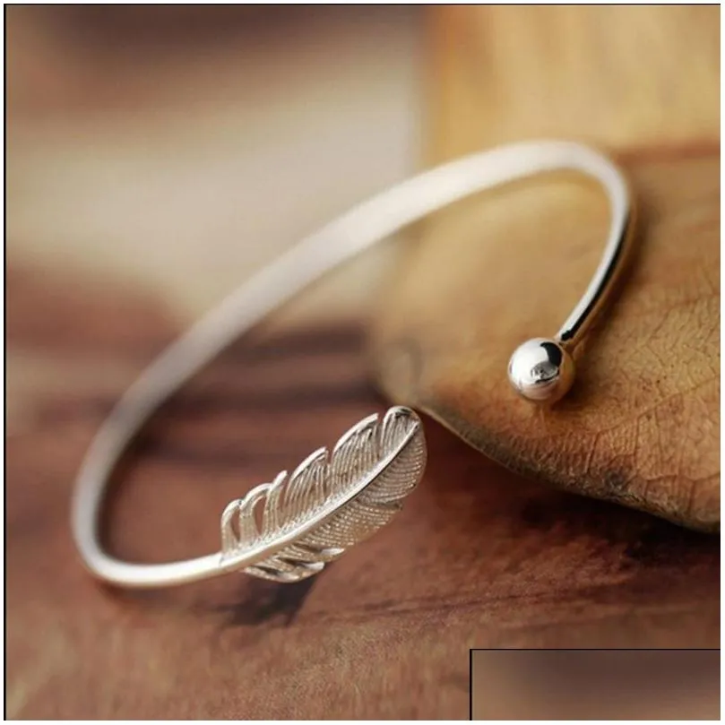 Bangle 925 Sterling Sier Bracelet Feather Charm Bangles Open Adjustable Cuff Bangle Plated Bracelets Fashion Jewelry Drop Delivery Jew Dhrpd