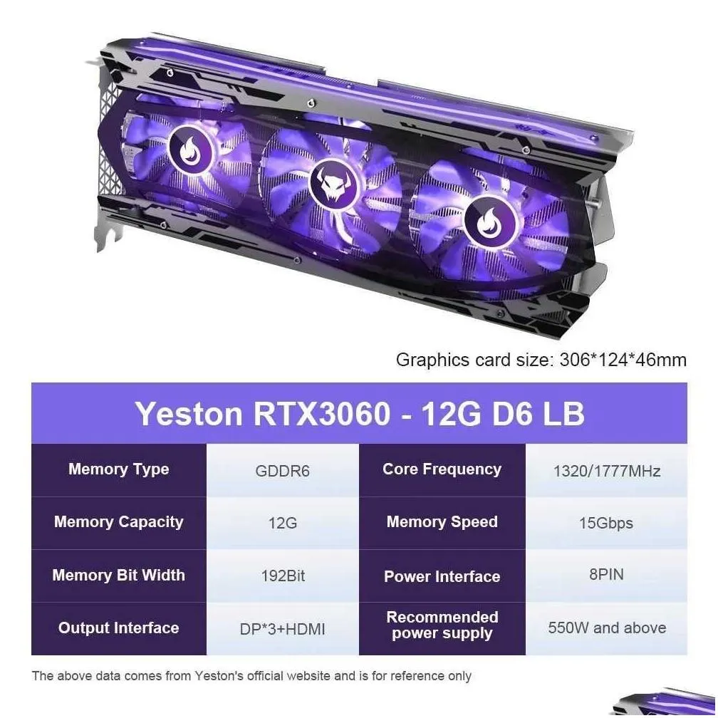 YESTON New Graphic Card GDDR6 NVIDIA rtx 3060 12G Gaming GPU Video Cards RGB RTX3060-12GD6 LB Computer Desktop GPU Overclock