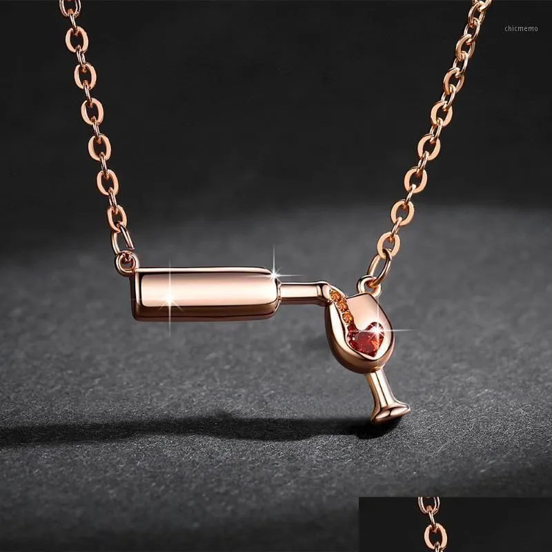 rose gold color creative wine glass pendant necklace for women zircon red heart wine cup charm necklace choker short1