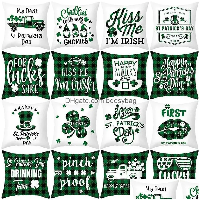 Pillow Case Pillow Case Irish Holiday Party Plaid Sofa Cushion Er St. Patricks Day Peach Skin Printing For Home Decoration Drop Delive Dhoxb