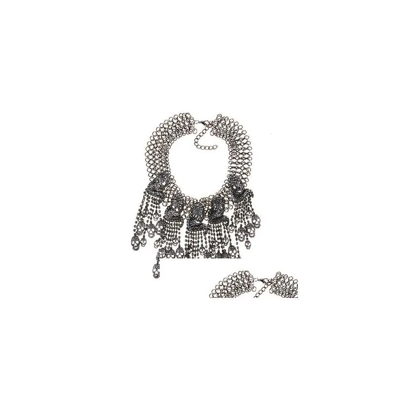 luxury crystal rhinestone skull tassel choker necklace women maxi chunky chains fringe statement large collar necklaces pendants