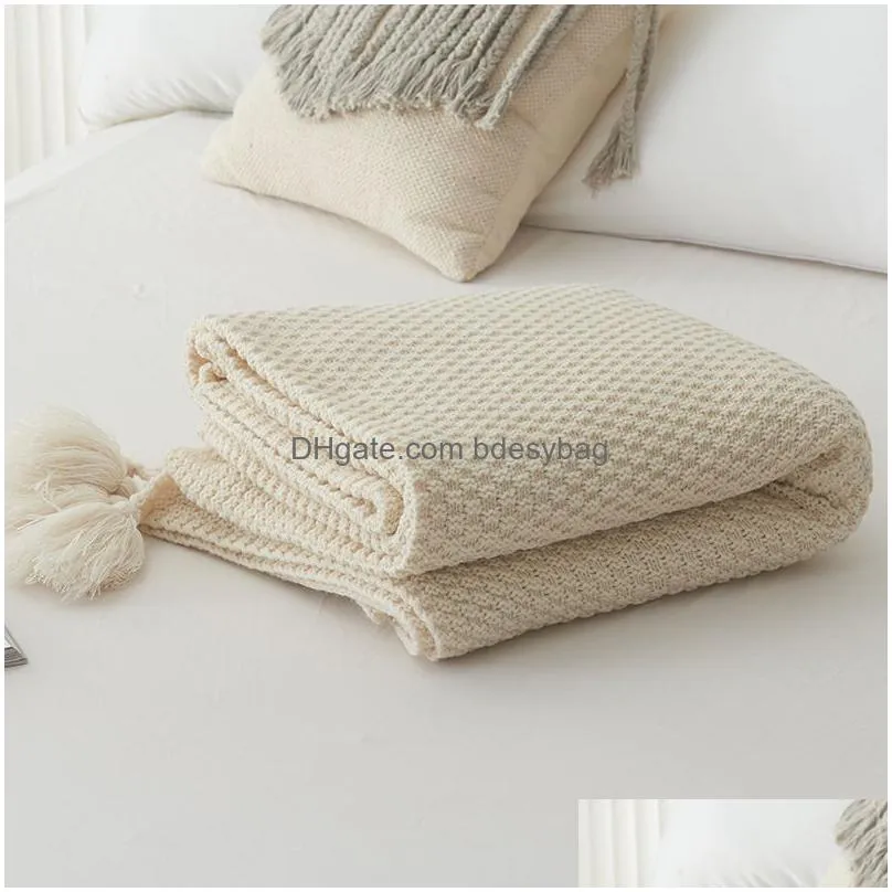 Blankets Blankets Ins Nordic Style Sofa Er Blanket Office Nap Tassel Knitted Ball Wool Casual Air Conditioning Drop Delivery Home Gard Dhbpf