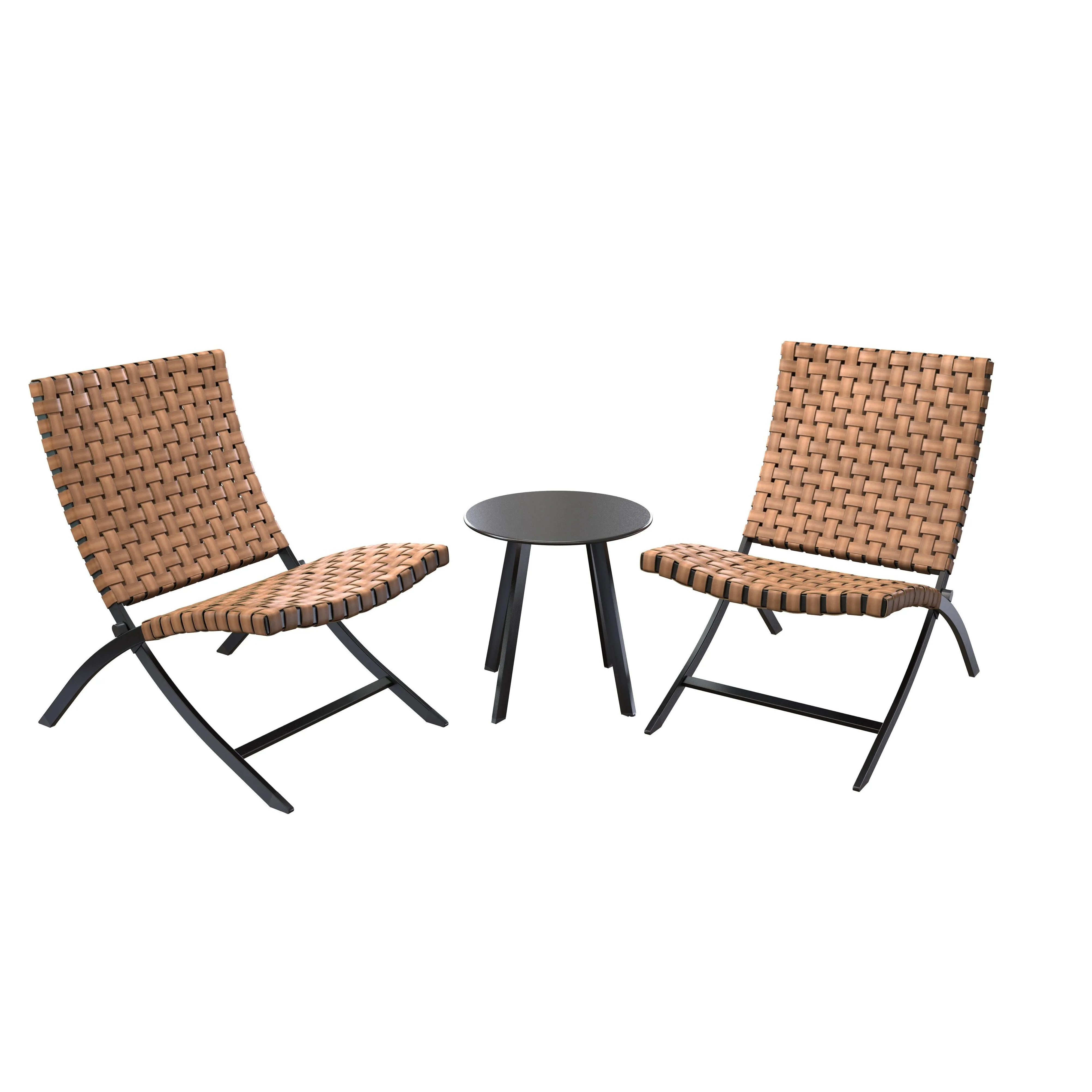 3 Piece Rattan Patio Set Furniture Foldable Wicker Lounger Chairs and Coffee Table Set,Natural Brown