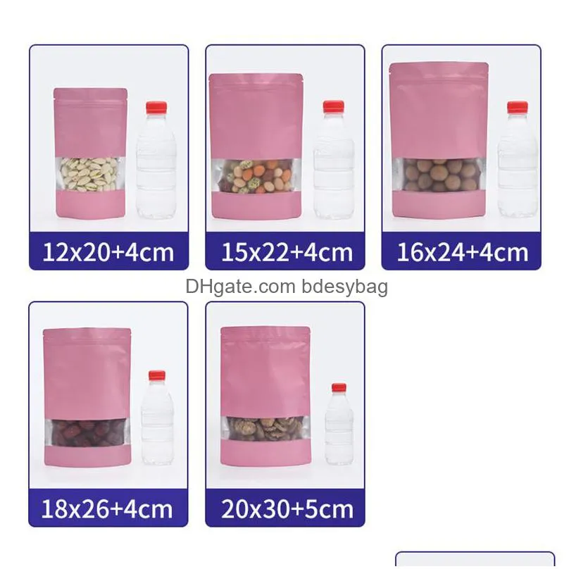 beige cyan pink stand up aluminium foil self seal bag with clear window plastic bag zipper reclosable food storage packaging bag