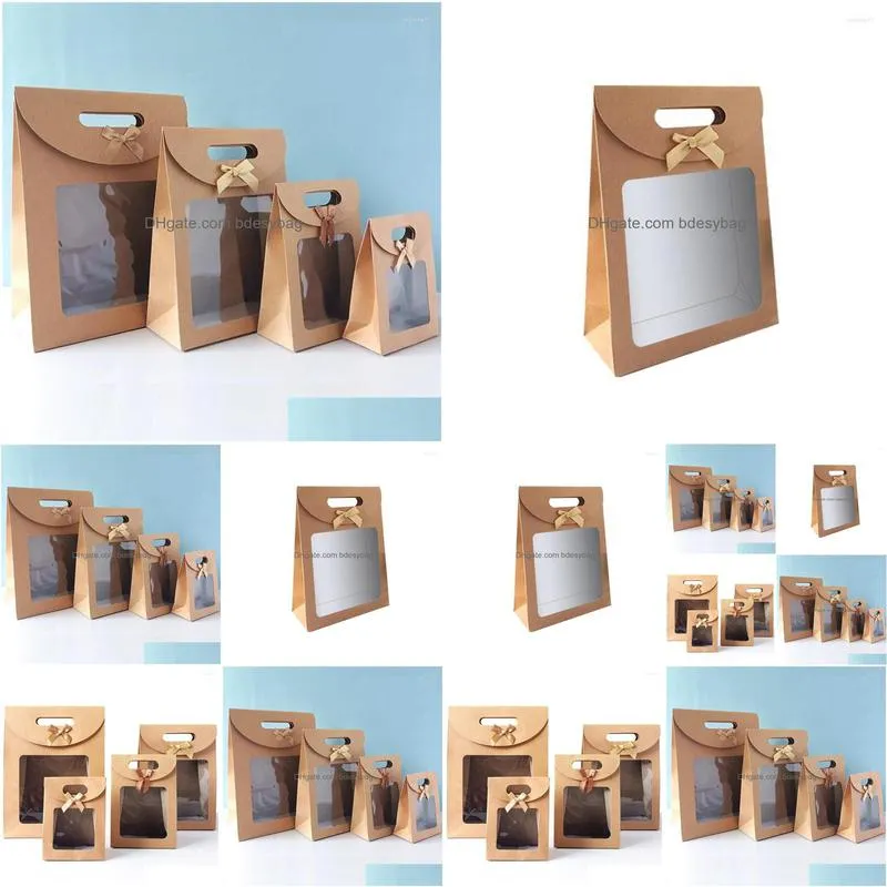 Gift Wrap Gift Wrap 12Pcs Kraft Paper Bags With Pvc Window Portable Packaging Bag For Thanksgiving Wedding Birthday Drop Delivery Home Dhhey