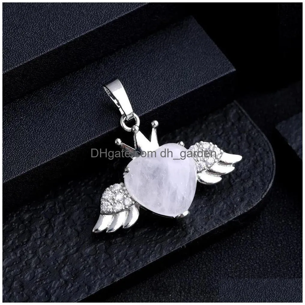 Charms Natural Stone Heart Wing Pendant For Women Rose Quartz Amethyst Tiger Eye Charms Jewelry Making Necklaces Wholesale D Dhgarden Dhlfg