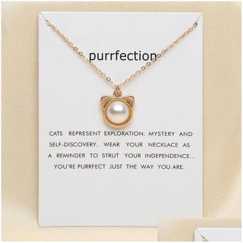 Pendant Necklaces Love Heart Cat Ear Pearl Pendant Necklace With Card Animal Necklaces For Women Girls Fashion Jewelry Drop Delivery J Dhfwx