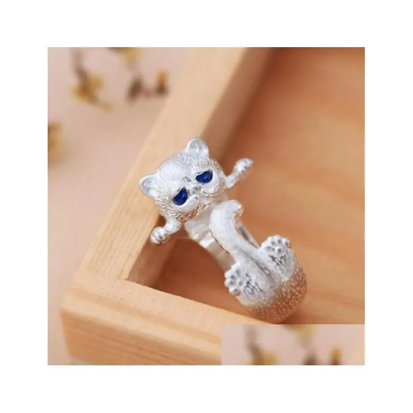 fashion lovely silver plated cute cat rings for women animal cat eyes open ring vintage jewelry g894