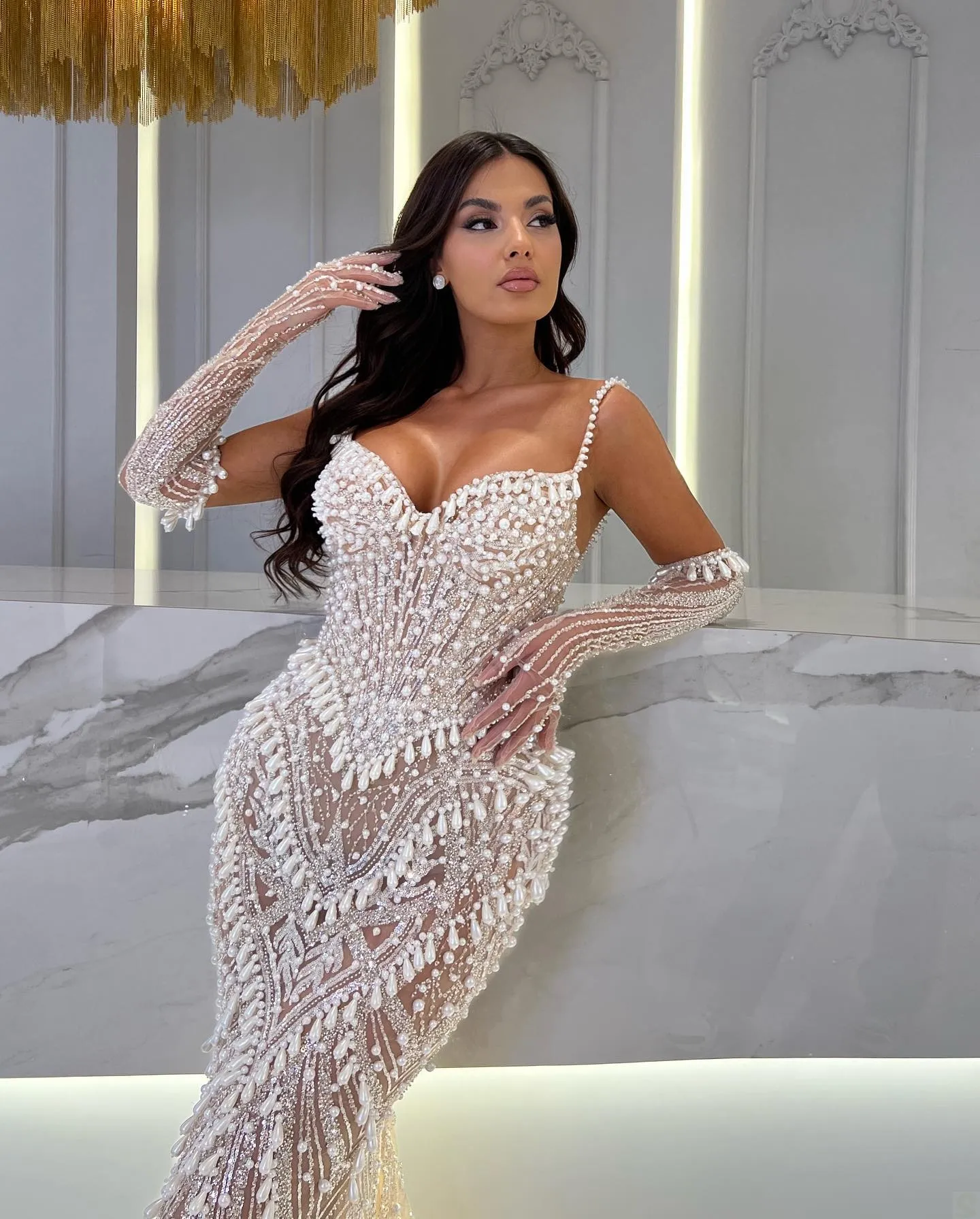 Glamorous Mermaid Illusion Prom Dresses Lace Sequined Party Dresses Spaghetti Straps Sleeveless Custom Made Evening Dress