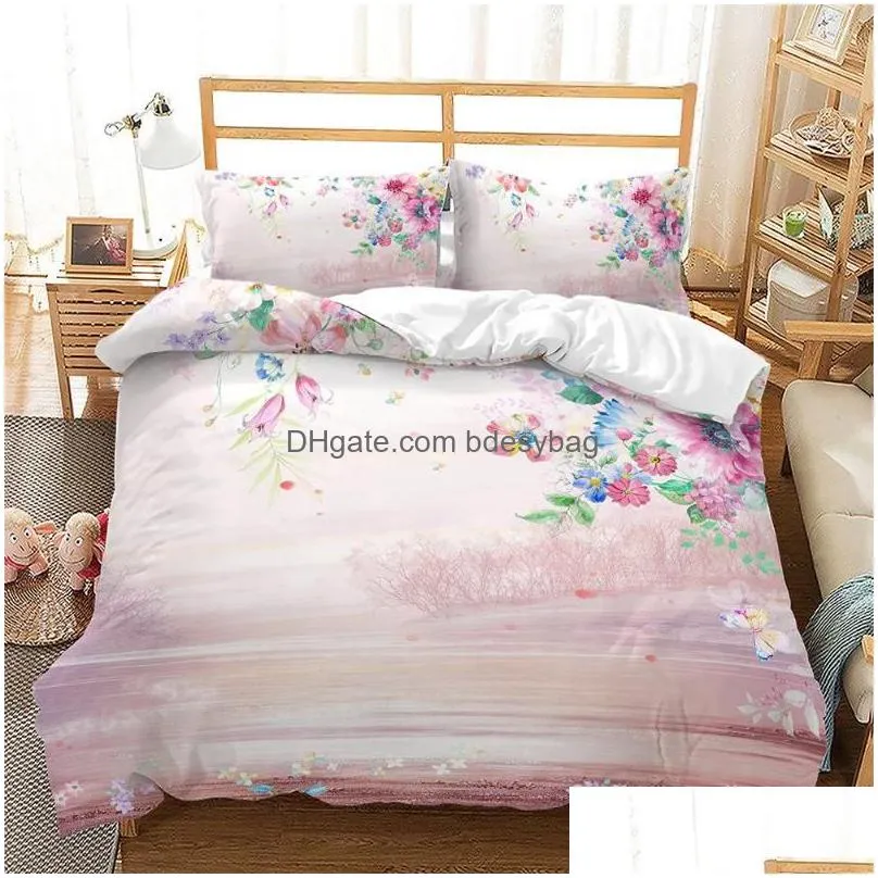 Bedding Sets Bedding Sets Pink Floral Duvet Er Japanese Cherry Blossoms Theme Set Spring Romantic Quilt For Girl Microfiber Bedspread Dhg9J