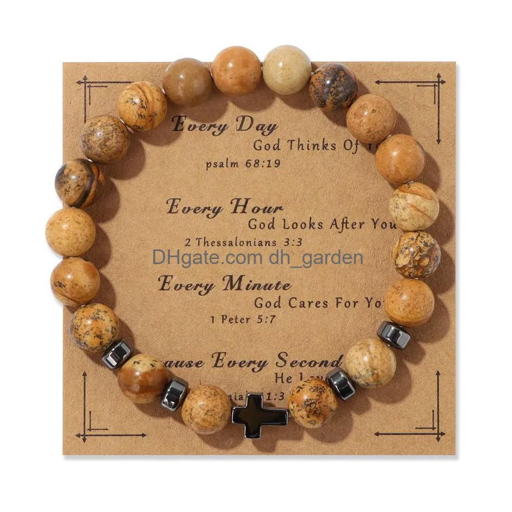 Beaded Natural Stone Tiger Eye Beads Hematite Cross Bracelet Mes Card Kraft Paper Jewelry Nce Reiki Buddha Prayer Yoga For D Dhgarden Dh7Pf