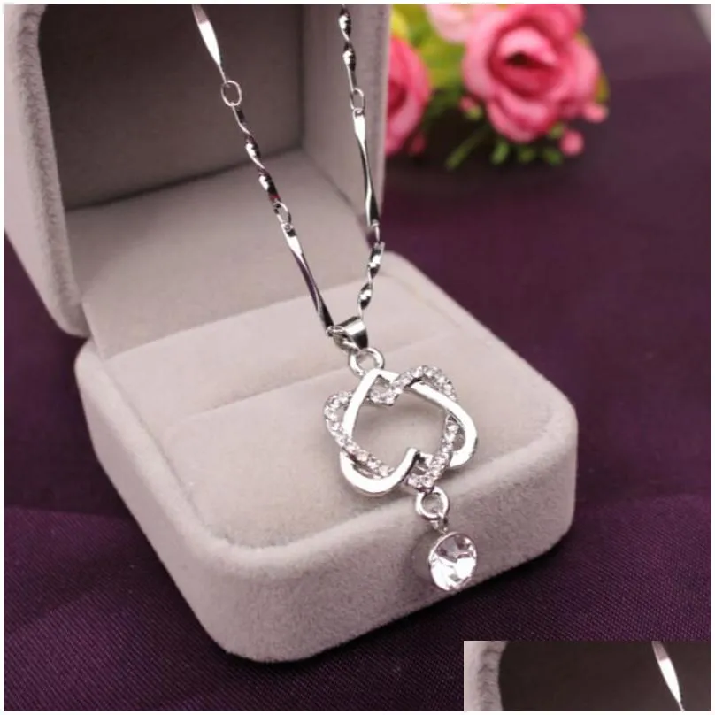 Pendant Necklaces Rhinestone Double Heart Necklaces Women Rose Gold Sier Alloy Pendant With 18Inches Chain Fashion Jewelry Drop Delive Dhffr