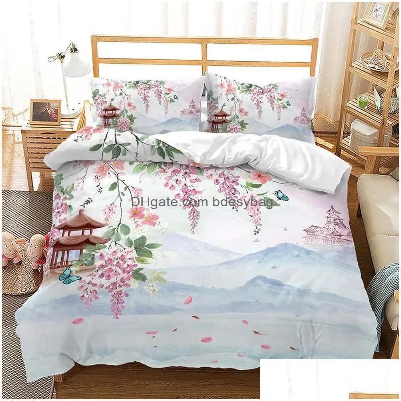 Bedding Sets Bedding Sets Pink Floral Duvet Er Japanese Cherry Blossoms Theme Set Spring Romantic Quilt For Girl Microfiber Bedspread Dhg9J