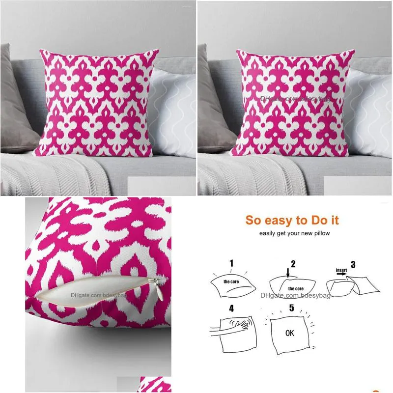 Cushion/Decorative Pillow Pillow Moroccan Ikat Damask Fuchsia Pink And White Throw Luxury Er Christmas Ers S For Sofa Drop Delivery Ho Dhswb