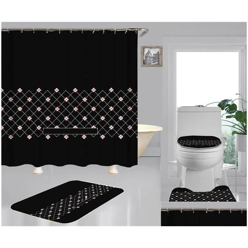 Simple Print Shower Curtains Sets High-grade Four-piece Must Set Bathroom Anti-peeping Non-slip Deodorant Bath Toilet Mats