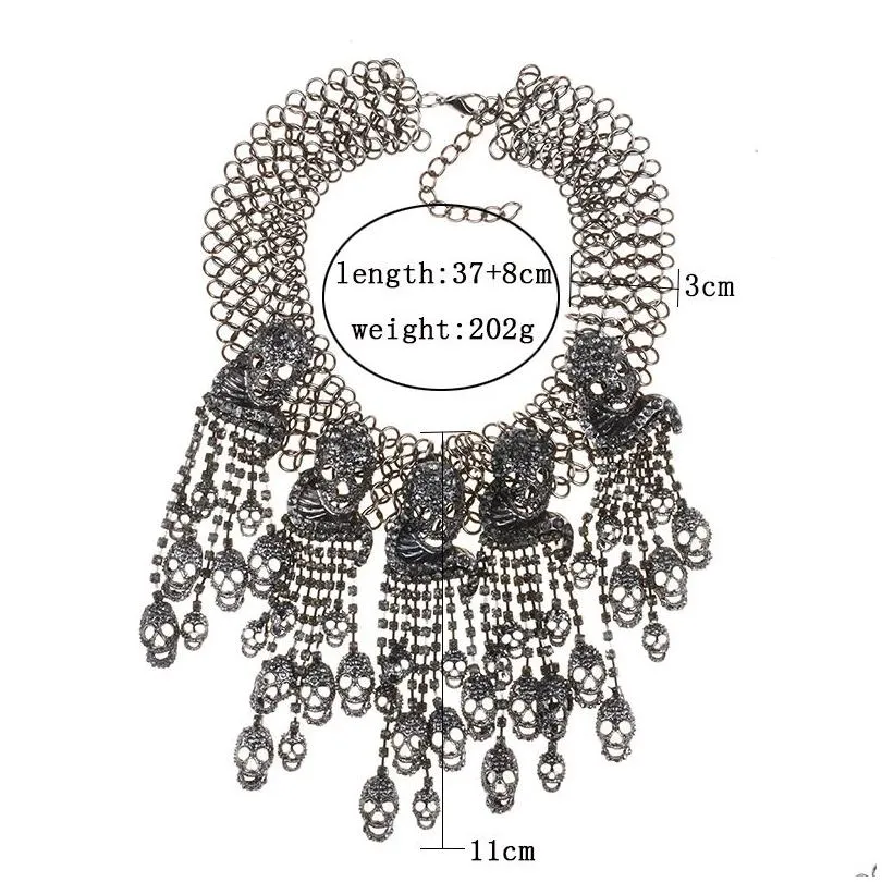 luxury crystal rhinestone skull tassel choker necklace women maxi chunky chains fringe statement large collar necklaces pendants