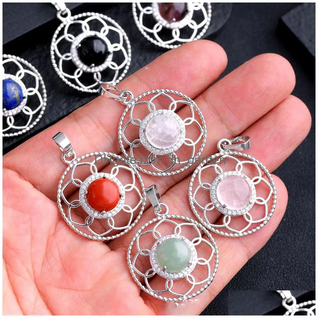 Charms Natural Stone Crystal Carving Round Sunflowercharms Tiger Eye Rose Quartz Rhinestone Women Pendants For Necklace Jewe Dhgarden Dhl6U