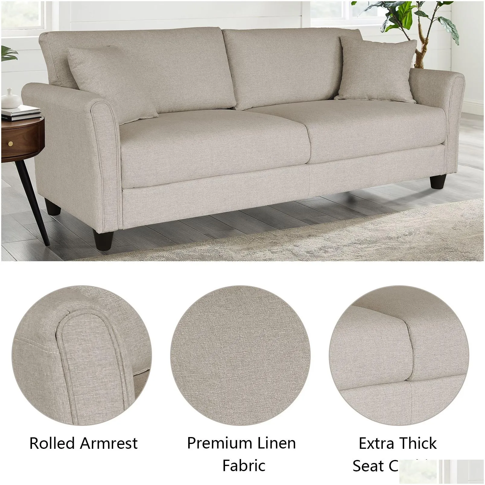 Loveseat Sofa Blue Linen with 2 Pillows,Beige