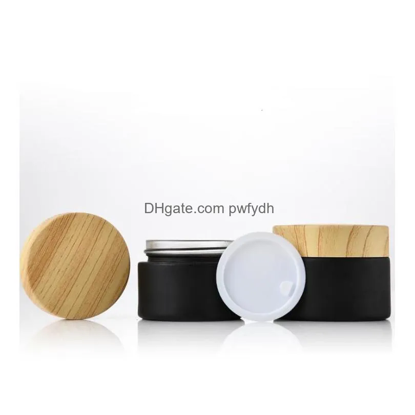 wholesale black frosted glass jars cosmetic jars with woodgrain plastic lids pp liner 5g 10g 15g 20g 30 50g lip balm cream containers