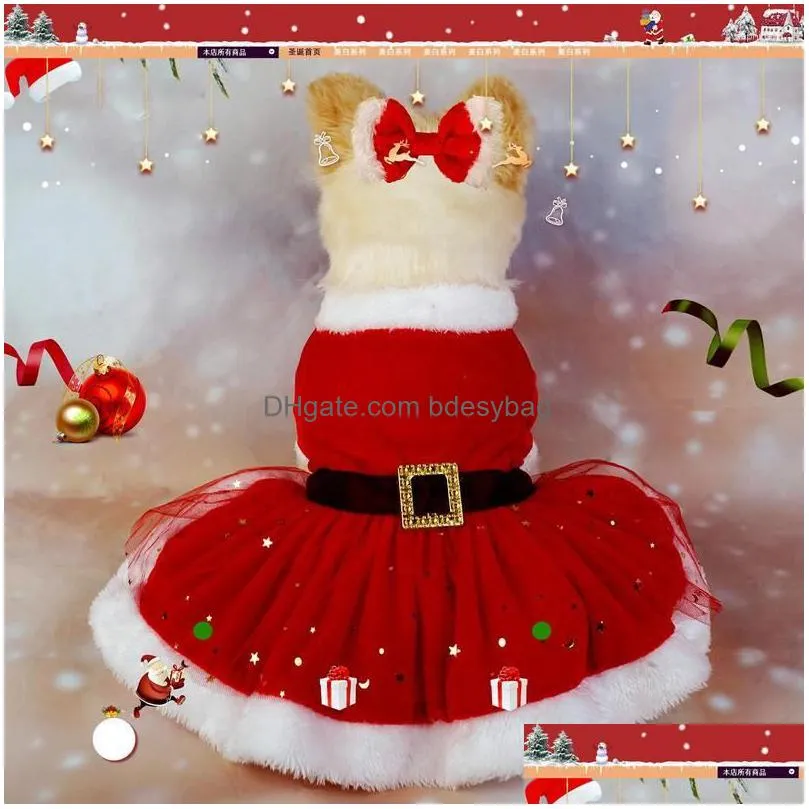 Dog Apparel Dog Apparel Pet Christmas Outfit Shiny Netting Santa Claus Cute Girl Clothing Red Dresses Cat Drop Delivery Home Garden Pe Dh1Ai