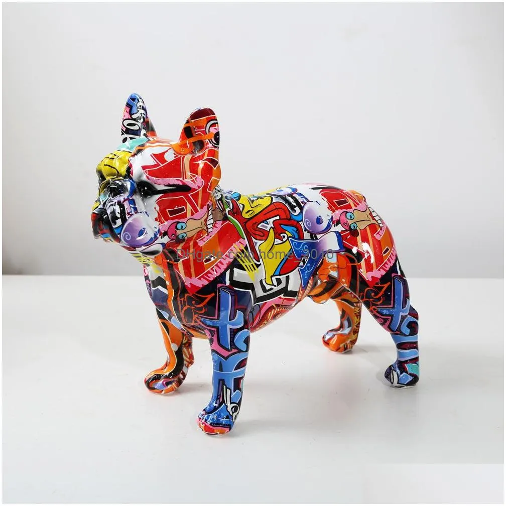 decorative objects figurines creativity modern colorful french bulldog statue wholesale graffiti office ornaments printing resin dog home decor crafts