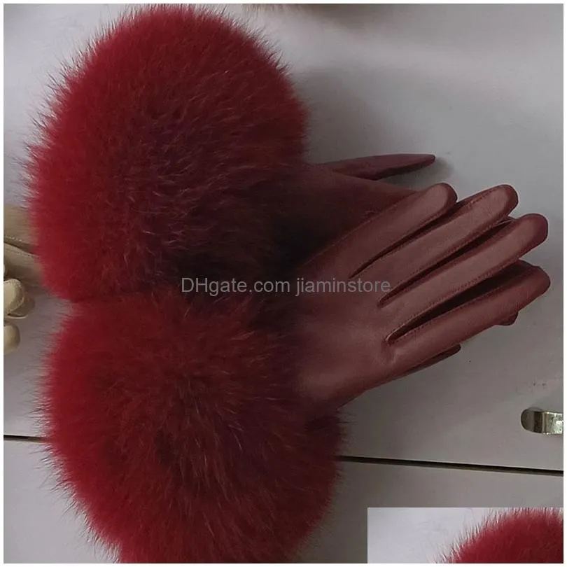 Fingerless Gloves Fingerless Gloves Female Luxury Real Leather With Fur Cuff Women Warm Winter Genuine Ladies Casual Hand Warmer 23080 Dhxu1