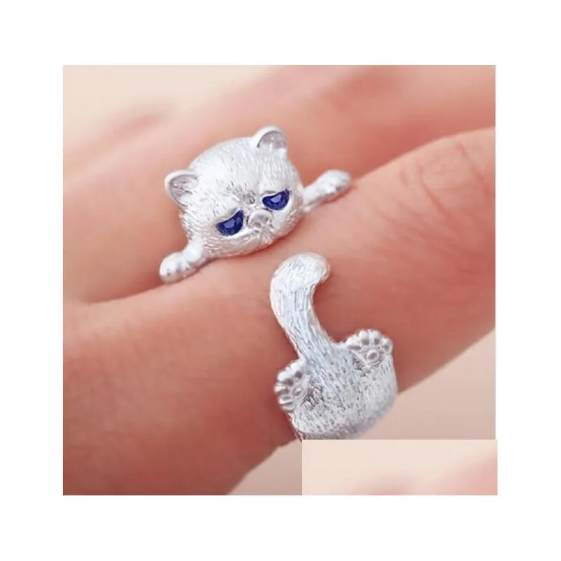 fashion lovely silver plated cute cat rings for women animal cat eyes open ring vintage jewelry g894