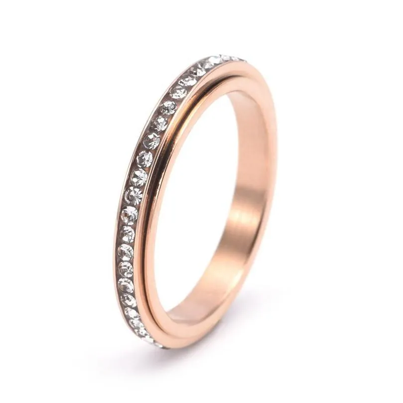 Band Rings Stainless Steel Spinner Band Rings For Women 18K Gold Single Row Rhinestone Ring Fashion Jewelry Birthday Drop Delivery Jew Dhivn