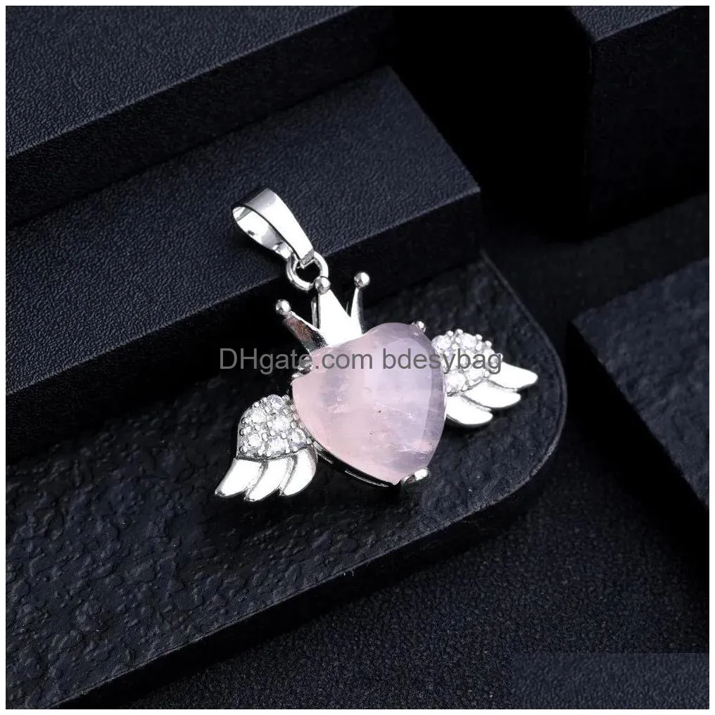 Charms Natural Stone Heart Wing Pendant For Women Rose Quartz Amethyst Tiger Eye Charms Jewelry Making Necklaces Wholesale Drop Delive Dhvfx