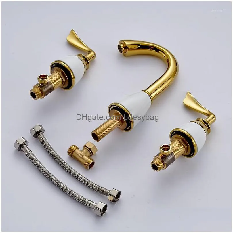 Bathroom Sink Faucets Bathroom Sink Faucets Basin Polished Gold Brass Made Modern Faucet Double Handle 3 Hole Bath Counter Mixer Taps Dh1Q7