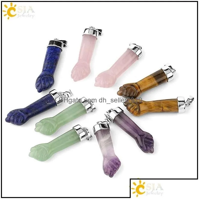 Pendant Necklaces Design Natural Stone Pendants Necklaces Carved Fist Arm Purple Crystal Quartz Tiger Eye Lapis Reiki Jewelry Women