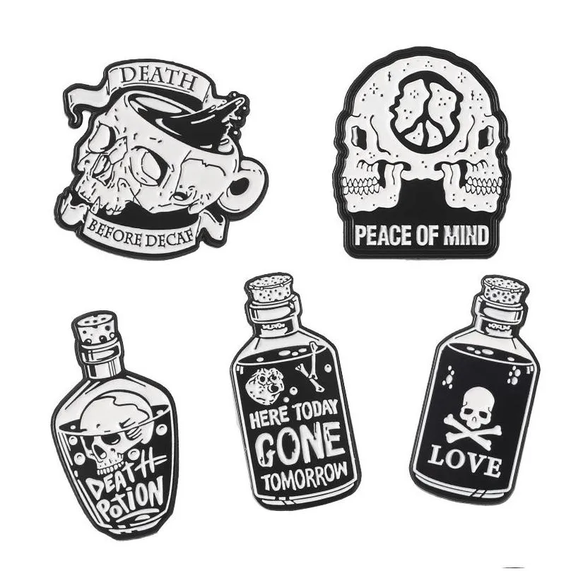 punk skeleton enamel pins custom black white skull potions brooches lapel badges cool gothic jewelry gift for friends