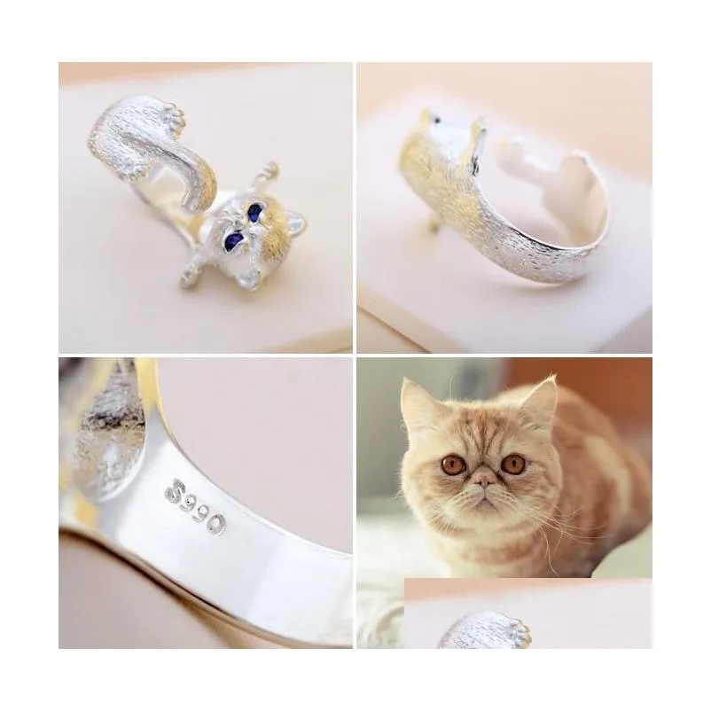 fashion lovely silver plated cute cat rings for women animal cat eyes open ring vintage jewelry g894