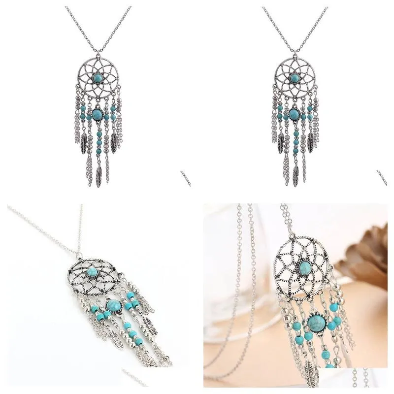 Pendant Necklaces Dreamcatcher Necklaces Dream Catcher Turquoise Pendant Long Chain Necklace Bohemia Jewelry Drop Delivery Jewelry Nec Dhor3