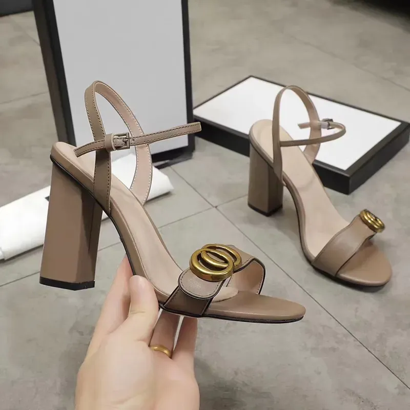 Classic Women`s High Heel Sandals Leather Party Fashion Metal Double buckle Summer Designer Sexy Peep-toe women`s chunky Heel Dress Shoes High Heels 10cm 35-42 with box