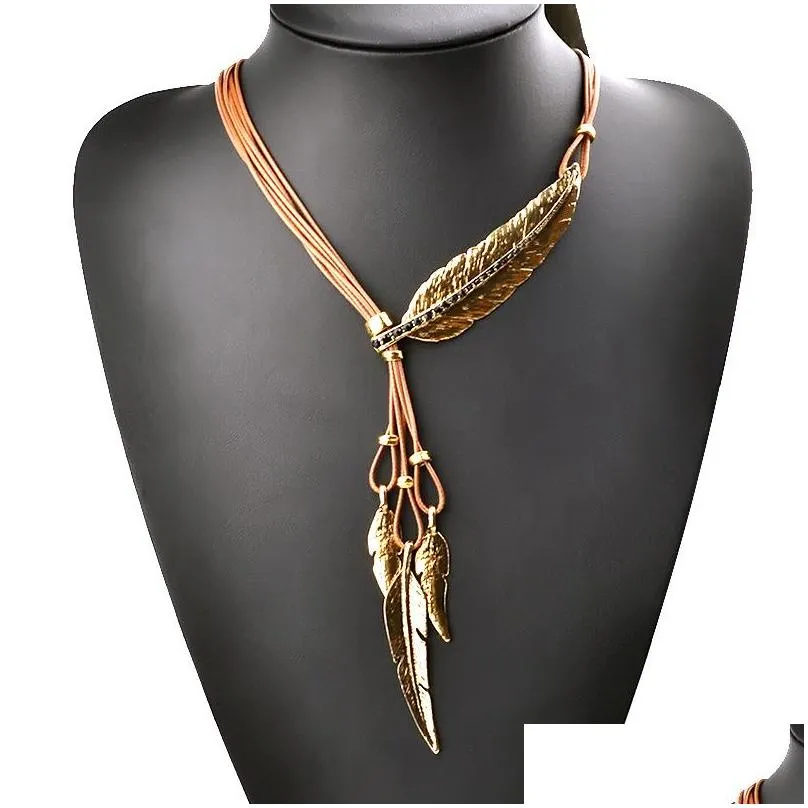 Pendant Necklaces Feather Pendant Necklace Mtilayer Leather Sweater Chain Antique Vintage Time Necklaces Bohemian Jewelry Drop Deliver Dhq4B