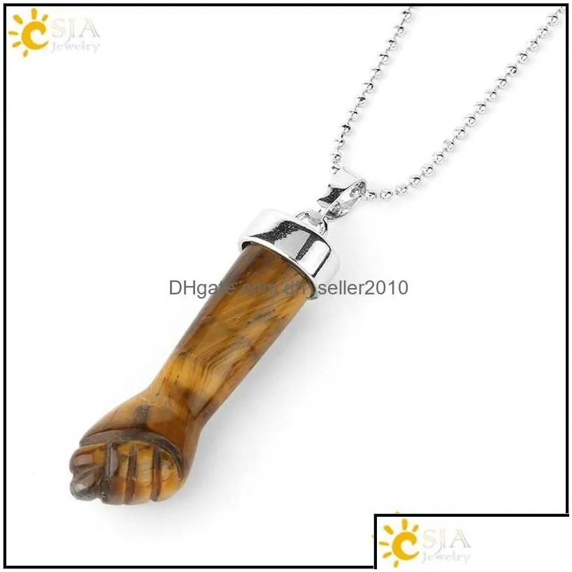 Pendant Necklaces Design Natural Stone Pendants Necklaces Carved Fist Arm Purple Crystal Quartz Tiger Eye Lapis Reiki Jewelry Women