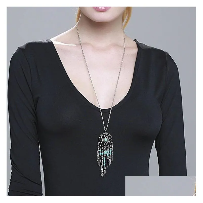 Pendant Necklaces Dreamcatcher Necklaces Dream Catcher Turquoise Pendant Long Chain Necklace Bohemia Jewelry Drop Delivery Jewelry Nec Dhor3